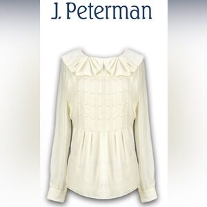 J. Peterman sz 16 Ivory 100% SILK Blouse with Ruffled Collar and pearl adornment